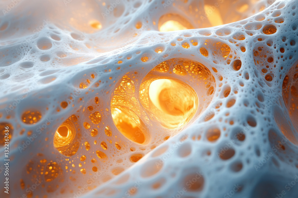 Poster abstract 3d render of a porous, cavernous structure with glowing orange inner cavities.