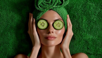 Young woman with cucumber slices on eyes and green towel on head lying on soft terry cloth, enjoying spa facial treatment and skincare relaxation.