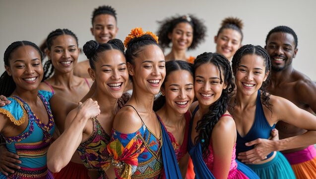 A diverse group of dancers smiles brightly, showcasing their enthusiasm for International Dance Day. Their colorful costumes represent various dance styles, reflecting unity and joy