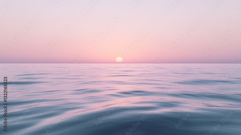 Poster calm sunset over a serene ocean with smooth lavender to pale blue gradient background and gentle wav
