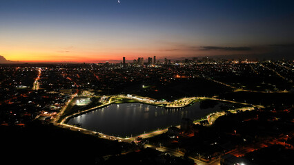 night aerial view of Olarias Lake in the city of Ponta Grossa in Paran&aacute;, Brazil