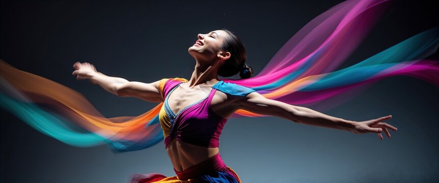 Dancer expresses joy and freedom through motion while wearing a colorful costume. Bright ribbons swirl around, creating a dynamic atmosphere in a studio setting during International Dance Day