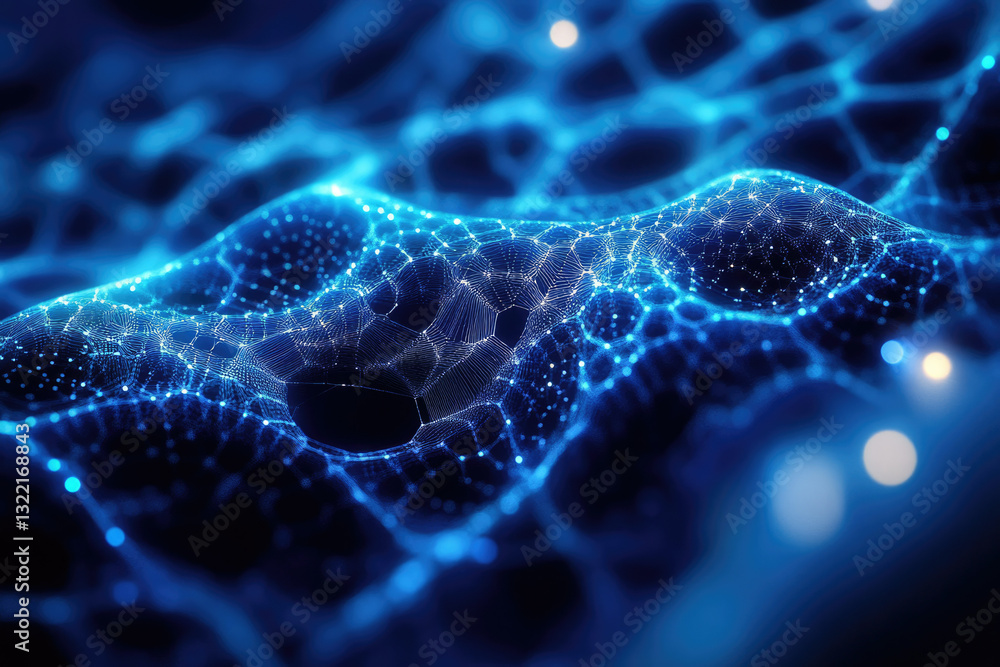 Poster Abstract blue digital wave, interconnected nodes forming a network, glowing points representing data flow.