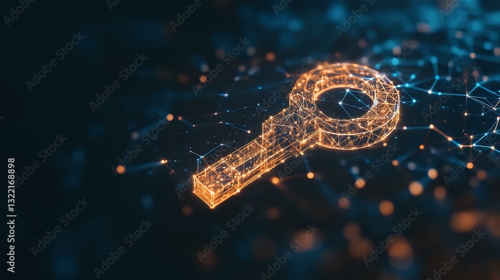 Poster digital glowing key with network connections on dark background, orange and blue technology concept 