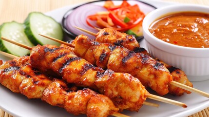 Grilled chicken skewers with peanut sauce and side salad
