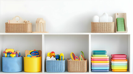 White Shelves With Colorful Toys Books And Baskets In Playroom Or Nursery Organization
