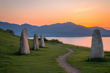 A path leads to a group of four stone pillars