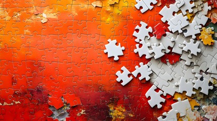 Engaging Visualization of an Unfinished Jigsaw Puzzle Against a Lively Orange Background Evoking Interest