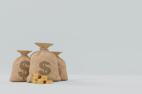 money bags with dallar symbols and stack of gold coins. investment, save money,  currency concept. 3d illustration.