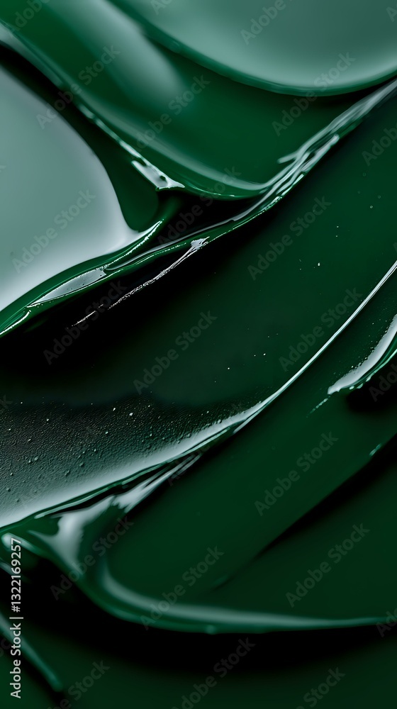 Poster Abstract dark green liquid waves and folds creating dynamic texture with glossy reflective surface. Macro photography reveals smooth flowing curves.