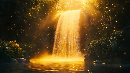 A golden waterfall cascading into a shimmering pool of light, surrounded by lush, glowing foliage