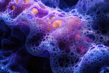 Abstract 3D render of a porous, bioluminescent structure with glowing purple and orange hues.