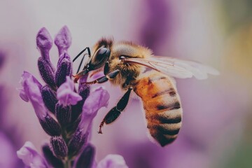 Honeybee pollinating lavender in vibrant close-up
