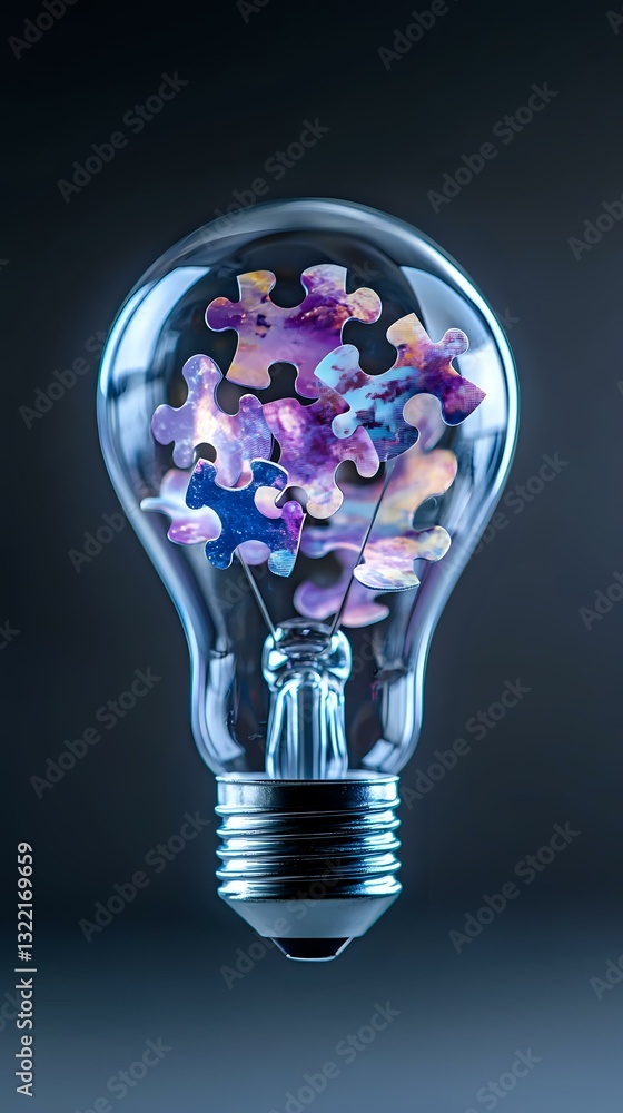 Poster light bulb with floating cosmic puzzle pieces inside on dark background, symbolizing creative soluti