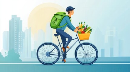 Energetic delivery person cycling through urban landscape with a green backpack filled with groceries in a clean design