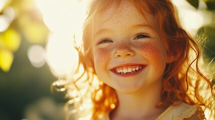 Fototapeta premium A radiant, freckled child beams a wide smile in warm golden sunlight, surrounded by the glow of a sunlit background.