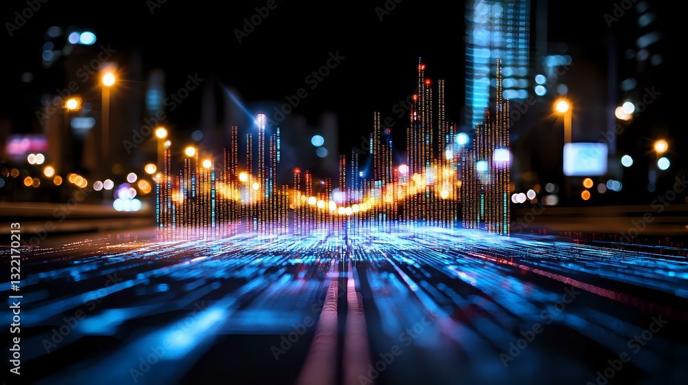 Poster futuristic city nightscape with glowing audio equalizer bars rising from illuminated streets, creati