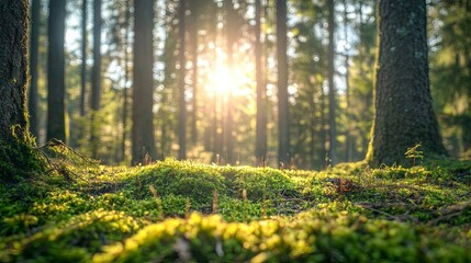 Spring forest with green moss, fresh leaves and tall trees in the background