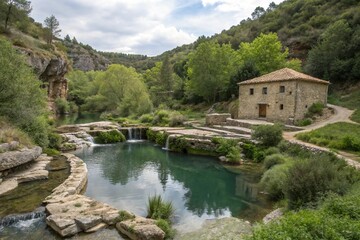 Fototapeta premium There is a beautiful river flowing gently through a lush and vibrant green forest area nearby
