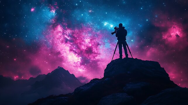 A cosmic discovery scene with a telescope observing constellations in the vivid night sky