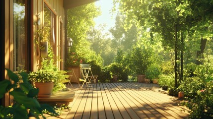 Obraz premium Exterior deck painting at a serene home on a sunny day surrounded by greenery. Generative AI