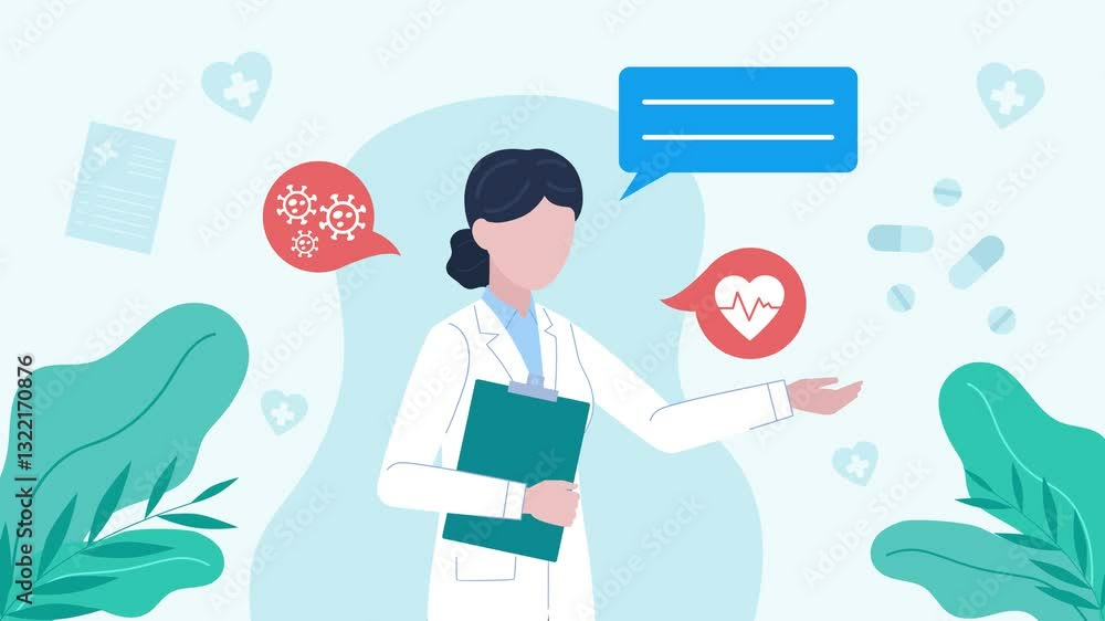 Poster Female doctor with notepad is taking notes. Checkboxes appear next to the character which fill up with checkmarks one by one. Flat design animation.