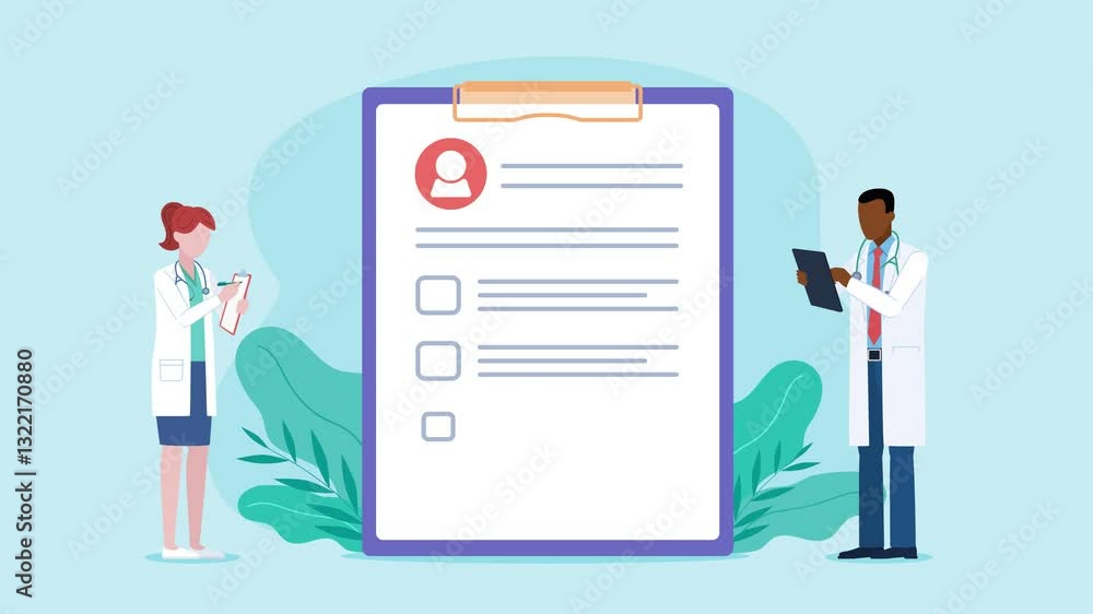 Poster patient survey with check marks. next to the survey, two doctors appear, they are taking notes and a