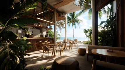 Fototapeta premium Tropical Beachfront Cafe with Lush Vegetation