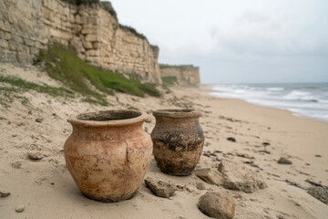 Naklejka premium Two old vases are sitting on the beach, one of which is broken