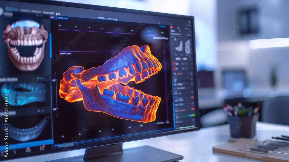 Poster advanced 3d software showcases a colorful visualization of dental anatomy on a sleek monitor, emphas