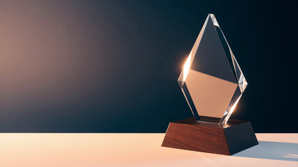 Clear glass award on dark wood base, illuminated, showcasing achievement, success, and recognition, ideal for business or celebratory contexts