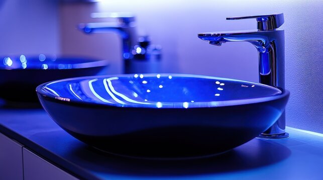 Dual sinks with chrome faucets under blue lighting. Modern bathroom interior shot - Powered by Adobe