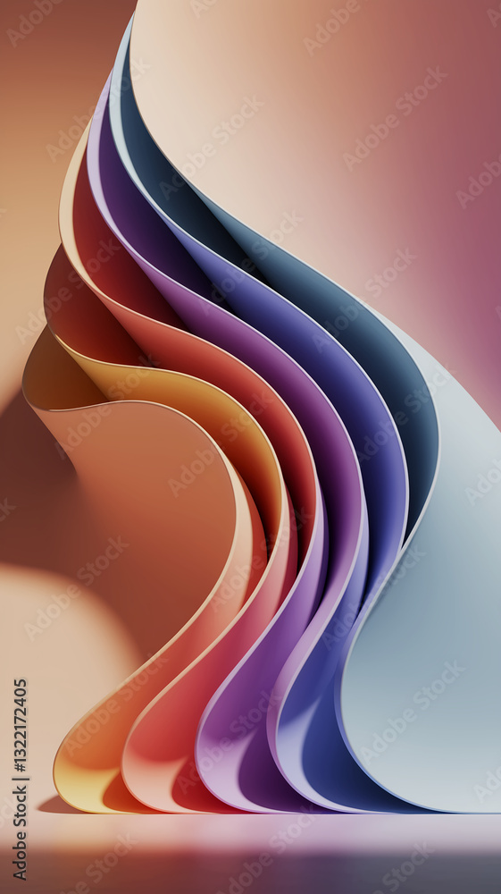 Poster abstract image of pastel-colored curved layers creating a flowing, dynamic design, showcasing a mode