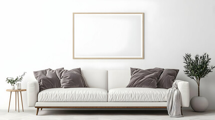 Naklejka premium Modern Minimalist White Sofa With Gray Cushions And Blank Frame In Bright Living Room Interior With Elegant Home Decor