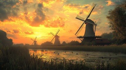 Windmills stand in the countryside at dusk