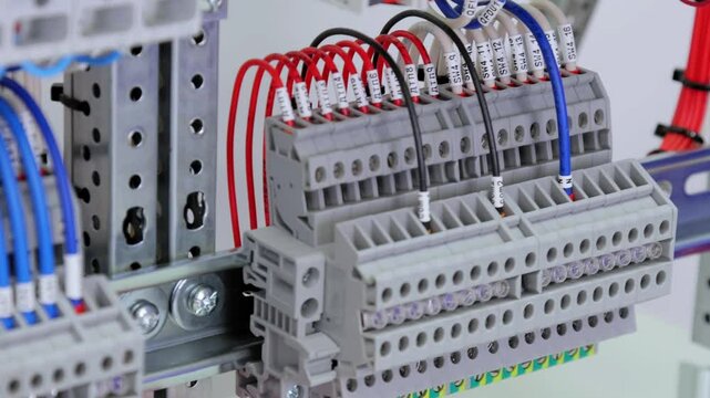 Electrical screw feed-through terminals with connected insulated wires with markings. 