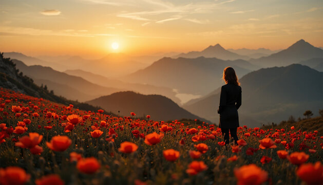A Woman Silhouetted Against A Breathtaking Sunset, Standing Amidst A Vibrant Poppy Field Overlooking Majestic Mountains, Bathed In Warm Golden Light
