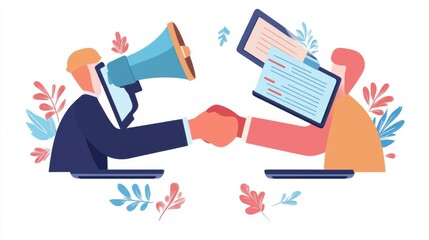 Businessmen handshake from laptops and megaphone. Collaboration and communication, corporate and cooperative business concept on white background. Living coral blue vector isolated illustration