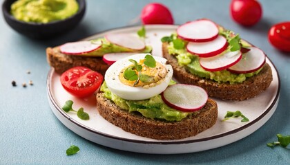 Vibrant Breakfast Sandwich Avocado, Egg, Radish Tomato on Artisan Bread A Fresh Morning Meal Delight, Perfectly Complementing the Mood of a Cozy Kitchen.
