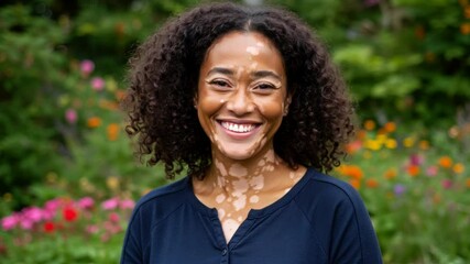 Smiling Black woman with vitiligo in a colorful garden, representing diversity and natural beauty. Skin positivity, self-acceptance, inclusive beauty