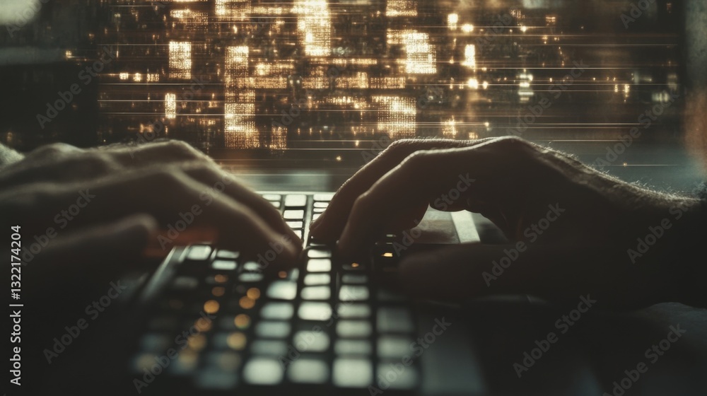 Poster software developer typing on a laptop keyboard, developing new software or application with a futuri