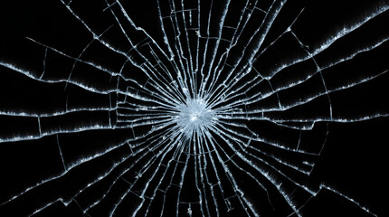 Obraz premium Dramatic High Resolution Close-Up Image of Shattered Glass with Radial Cracks Texture on Black Background - Detailed Broken Glass Crack Pattern Surface