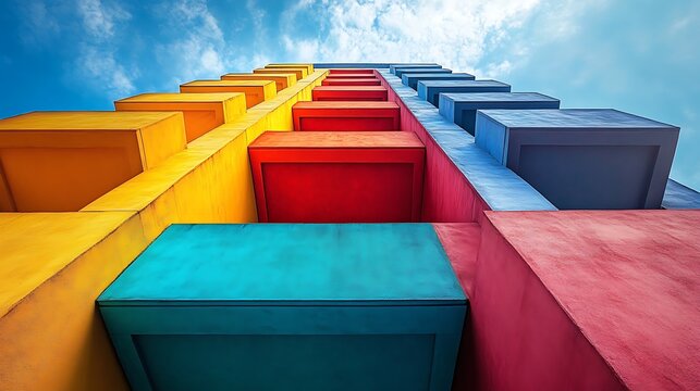 Cheerful pyramid structure made of colorful blocks set against a serene sky