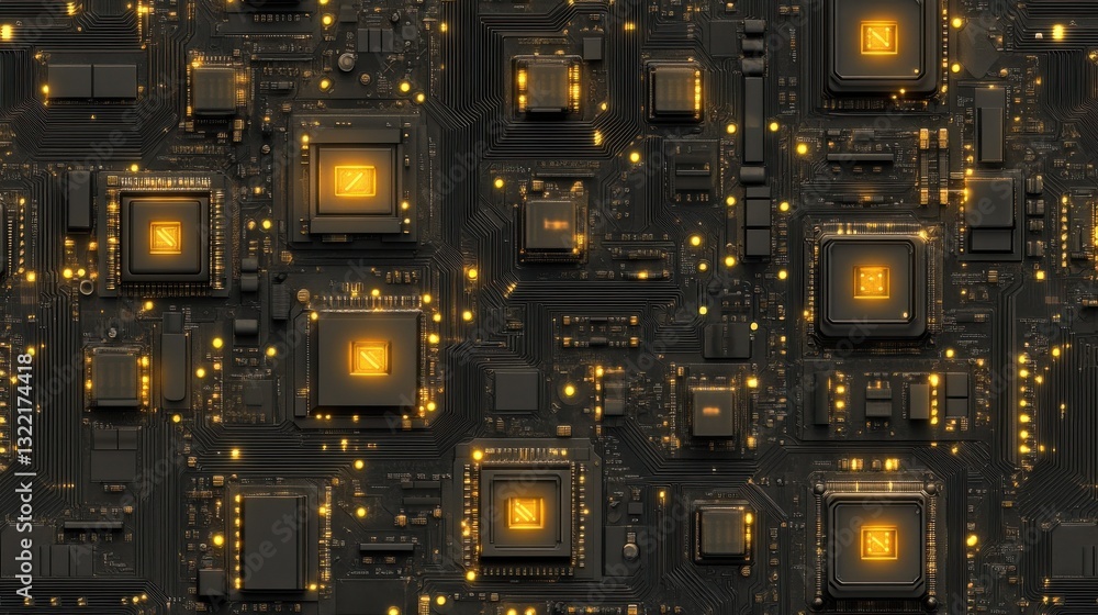 Poster a seamless pattern of microchip textures with glowing connectors.