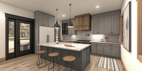 Modern kitchen interior featuring an island and various stylish elements