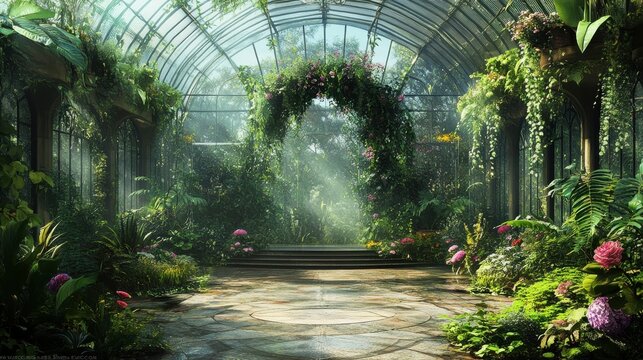 Victorian style fairy tale botanical garden fantasy greenhouse design. Fantasy Scenery. - Powered by Adobe