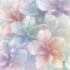 Fototapeta premium Multi-colored translucent leaves and pastel-colored flowers are superimposed on each other on a soft background, creating a delicate and airy visual effect. The concept of nature.