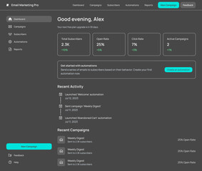 Email marketing Campaign CMS, Reporting Software, Mailchimp Analytics dark dashboard black Template