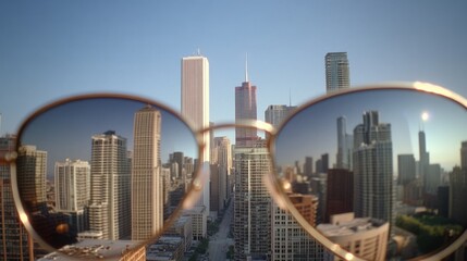 Obraz premium Through rose-tinted glasses, a bustling city's urban skyline transforms into a dreamscape, merging reality with imagination.