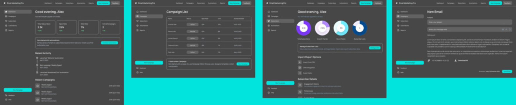 Email marketing Campaign CMS, Reporting Software, Mailchimp Analytics dark dashboard black Template